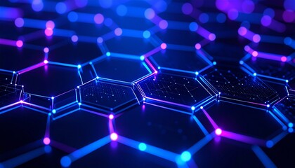Abstract futuristic background of a glowing blue and pink hexagonal grid representing a digital network and data connections.
