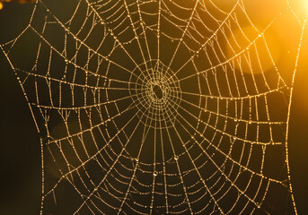 Spiderweb Dew Drops at Sunrise | Close-up of Intricate Web for Halloween, Nature, and Environmental Designs