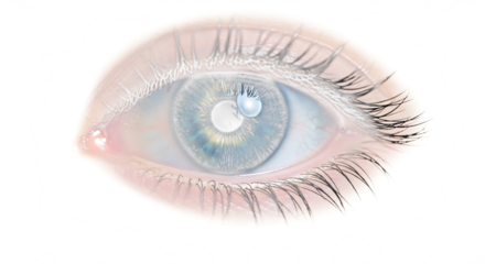 Closeup of a beautiful blue eye with long eyelashes isolated on transparent background, showcasing the intricate details of the iris and pupil for vision and beauty concepts