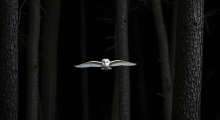 Barn Owl Soaring Gracefully in Moonlit Forest Scene png