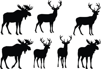 Vector black silhouettes of majestic moose and deer with antlers, wild forest animals, wildlife graphic illustration on a white background.