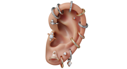 Closeup of an ear with multiple piercings, showcasing various types of jewelry and body art, isolated on transparent background