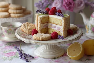 Tiered porcelain cake stand with slice of lemon lavender layer cake, shortbread cookies, and fresh raspberries on floral tablecloth, soft afternoon light, pastel tones