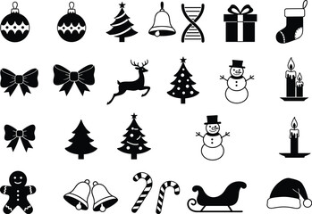 Collection of Christmas holiday vector icons, black and white set, festive decorations, seasonal symbols, New Year celebration, winter graphics.