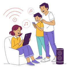 Illustration of a family using various devices connected to a smart speaker