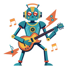 Vector art of a cartoon robot is playing electric guitar surrounded by musical notes