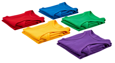 Colorful stack of folded tank tops in red, blue, green, yellow and purple isolated on transparent background, representing a vibrant and organized wardrobe