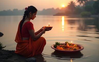 A woman offering prasad  fruits  vegetables  and other items and a Diya to pray sun God at a lake during Chhath Puja. Hindu devotees worship God sun with a ritual while standing in a river - Hindu ...