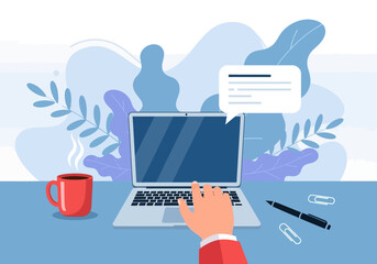 Modern workspace with a laptop, coffee cup, and plant; perfect for remote work and online communication.