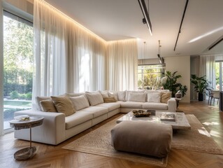 Fototapeta premium A living room with a white couch and a white rug. There is a potted plant in the room