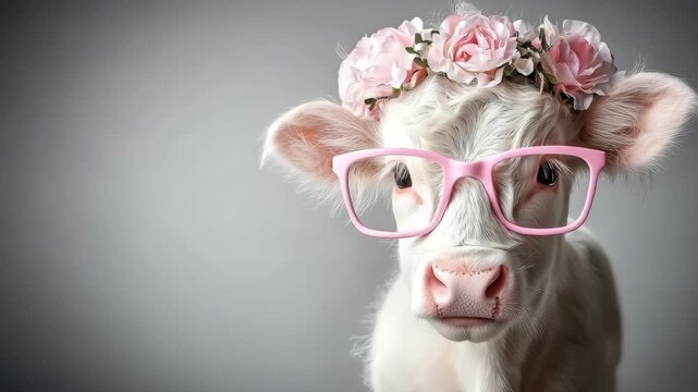 A young goat wearing pink glasses and a floral headband with pink roses