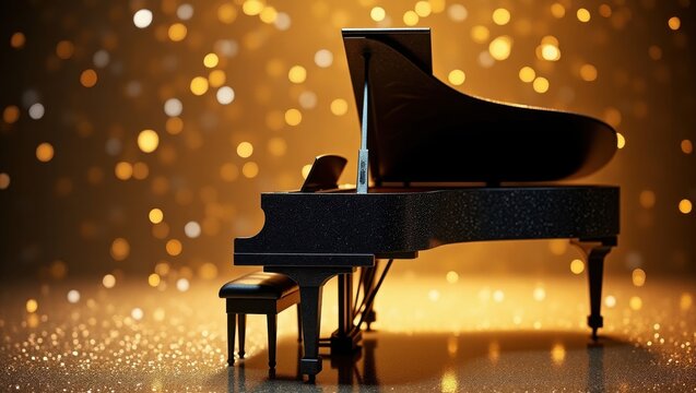 Elegant grand piano with golden bokeh lights - Powered by Adobe