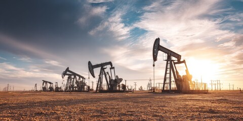 Oil pumps extracting crude oil at sunset in the desert