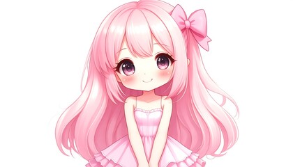 A charming, cheerful cartoon girl with long, flowing pink hair and a matching pink bow, smiles brightly in a light pink dress, set against a clean white background.