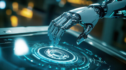 A robot hand interacting with a glowing blue futuristic interface on a dark surface screen