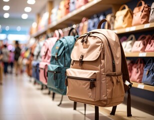 woman shopping in mall, stylish simple backpack on a shop window