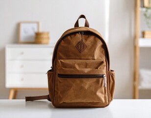 school bag isolated on white, stylish simple backpack on a shop window