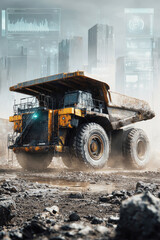 Fototapeta premium Massive dump truck navigating a construction site amidst urban skyscrapers in a gritty, futuristic setting