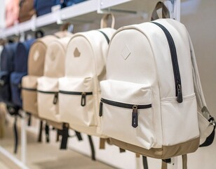 people in the airport, stylish simple backpack on a shop window
