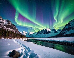 winter landscape in the mountains, Northern Lights in the Mountains