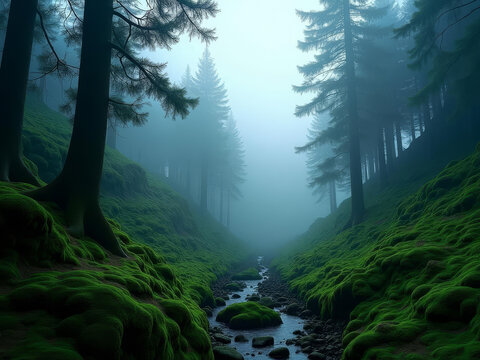 For&ecirc;t de pins embrum&eacute;e, vall&eacute;e verdoyante et ruisseau paisible dans une atmosph&egrave;re mystique