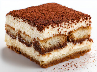 Tiramisu dessert slice with cocoa powder dusting on top, layers of coffee-soaked sponge and mascarpone cream visible, isolated white background, dessert photography.
-