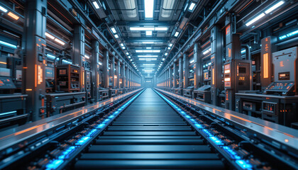 Fototapeta premium Automated production line operations industrial facility digital imagery high-tech environment futuristic perspective