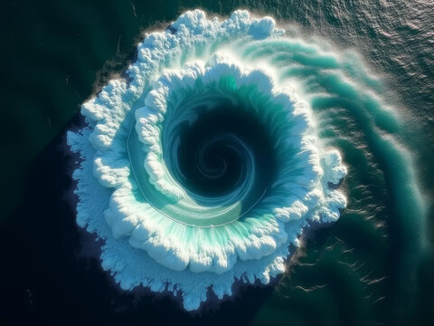 Tourbillon marin spectaculaire en spirale, fusion de vagues puissantes et d&rsquo;&eacute;cume turquoise hypnotique