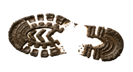 Muddy footprint of a boot isolated on transparent background, showing the texture and pattern of the sole, ideal for illustrating tracking, outdoor activities, or forensic analysis