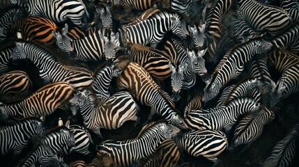 image taken from above of a group of zebras