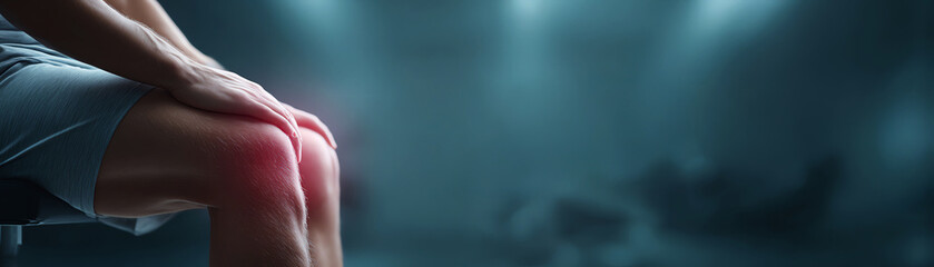 Man knee pain injury sitting gym workout aftermath soft red light discomfort recovery