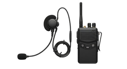 Black walkietalkie with headset isolated on transparent background is a portable communication device for security, emergency services, and professional teams to communicate wirelessly
