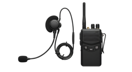 Black walkietalkie with headset isolated on transparent background is a portable communication device for security, emergency services, and professional teams to communicate wirelessly