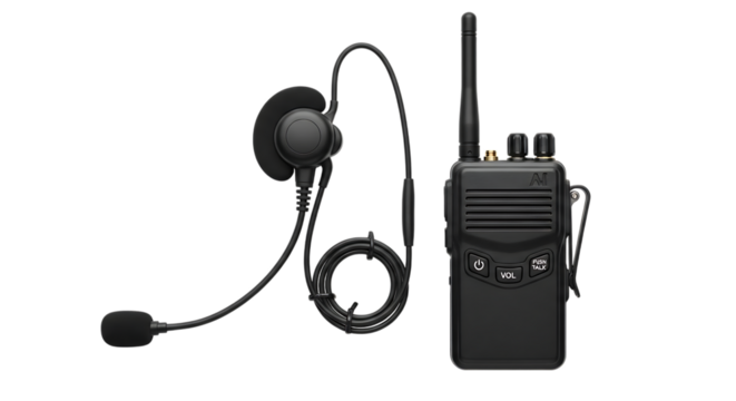 Black walkietalkie with headset isolated on transparent background is a portable communication device for security, emergency services, and professional teams to communicate wirelessly