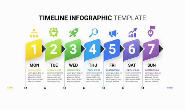Colorful Timeline Infographic Template with 7 Steps for Business, Project, Education, and Weekly Planning
