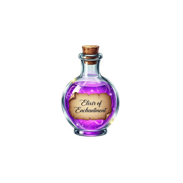 Magical purple elixir bottle labeled "Elixir of Enchantment" with sparkling, glowing liquid inside.