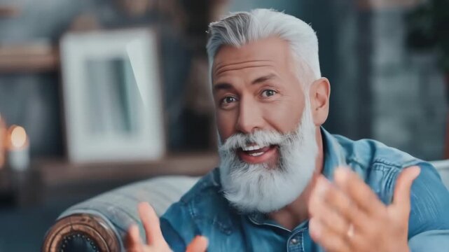 Smiling mature man with gray hair and beard gesturing happily in a cozy indoor setting