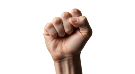 Closeup of a clenched human fist isolated on transparent background, symbolizing strength, power, and determination in a gesture of resistance and victory