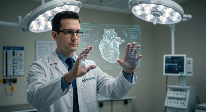 Doctor Examining Futuristic Heart Hologram in Operating Room.