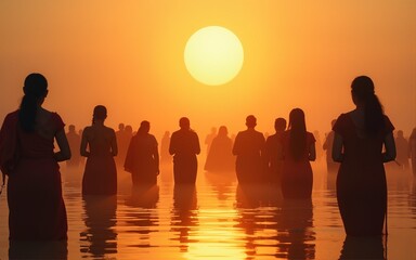 women devotees standing in river and praying for sun god in Chhath festival from back. High quality