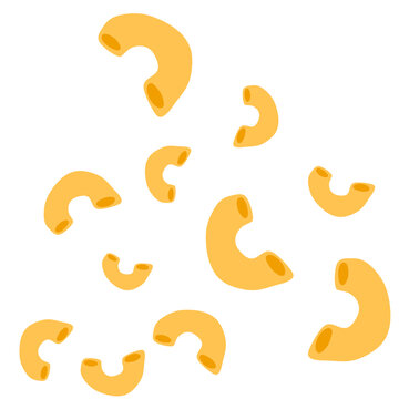 Scattered elbow macaroni pasta pieces on a white background, uncooked and ready to be cooked.