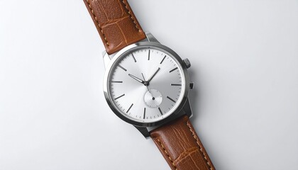 Elegant wristwatch with a leather strap, showcasing timekeeping and precision on a white surface