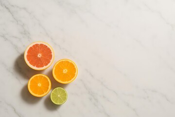 Citrus Fruits on Marble Surface with Copy Space