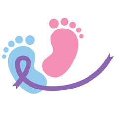 Baby footprints with a purple ribbon representing awareness and support for infant health.
