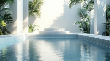 Fototapeta premium 3d background product display podium scene with leaf geometric platform,cloud and sky, palm shadows and white stone podium,Mockup for eco beauty cosmetic advertising,Copy space.