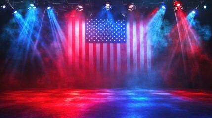 American flag on stage with red and blue lighting.