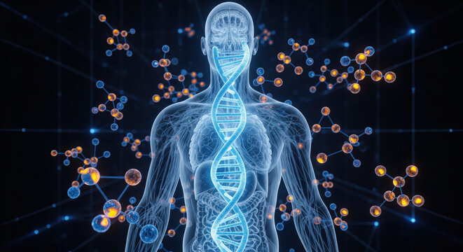 Human DNA molecule science technology anatomy biology medical digital innovation Human DNA structure intertwines with molecular elements representing advanced science technology and medical