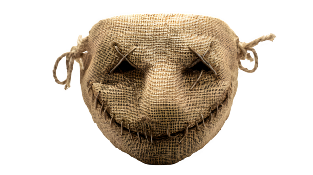 Creepy burlap mask with stitched eyes and mouth, perfect for Halloween or horror themes isolated on white background 