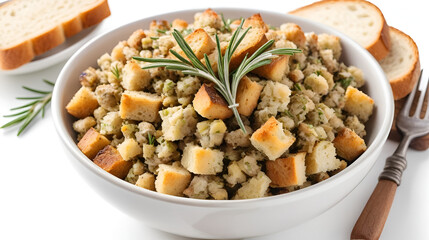 Fototapeta premium Bowl of homemade stuffing with bread, herbs, and rosemary garnish isolated on white background
