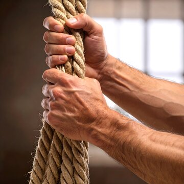 Close-up hands grip thick rope